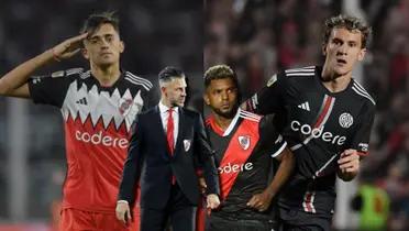 En primer plano, Martín Demichelis y Miguel Borja. Por detrás, Pablo Solari y Facundo Colidio.