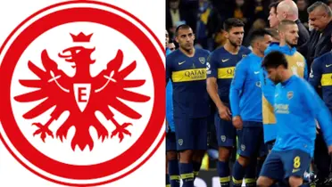 Escudo del Eintracht Frankfurt y jugadores de Boca