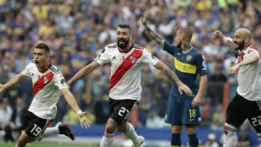 Lucas Pratto festejando uno de sus dos goles en la final de la Copa Libertadores 2018 ante Boca.