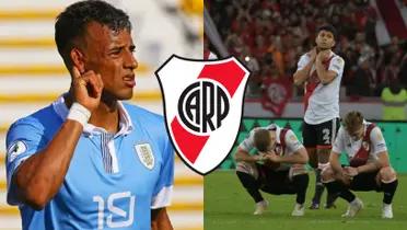 Luciano Rodríguez con la camiseta de Uruguay y varios jugadores de River.