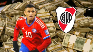 Alexis Sánchez con la camiseta de Chile y el escudo de River.