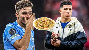 Enzo Fernández, plato de fideos con pollo y Julián Álvarez