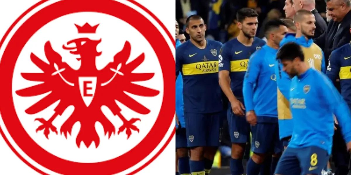 Escudo del Eintracht Frankfurt y jugadores de Boca