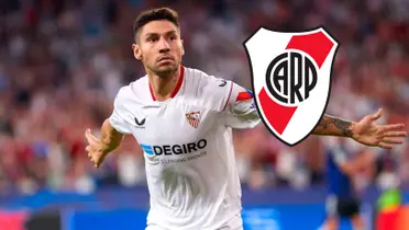 Gonzalo Montiel con la camiseta de Sevilla y el escudo de River.