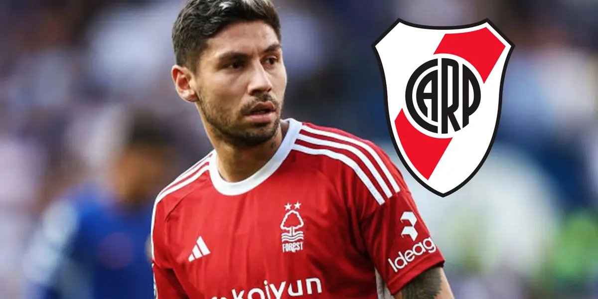 Gonzalo Montiel y el escudo de River a su lado.