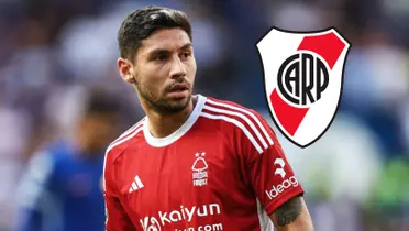 Gonzalo Montiel y el escudo de River a su lado.