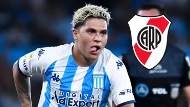 Juan Fernando Quintero con la camiseta de Racing y el escudo de River.