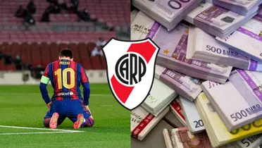 Lionel Messi arrodillado y fajo de billetes en euros