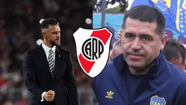 Martín Demichelis festejando en River y Juan Román Riquelme serio en Boca