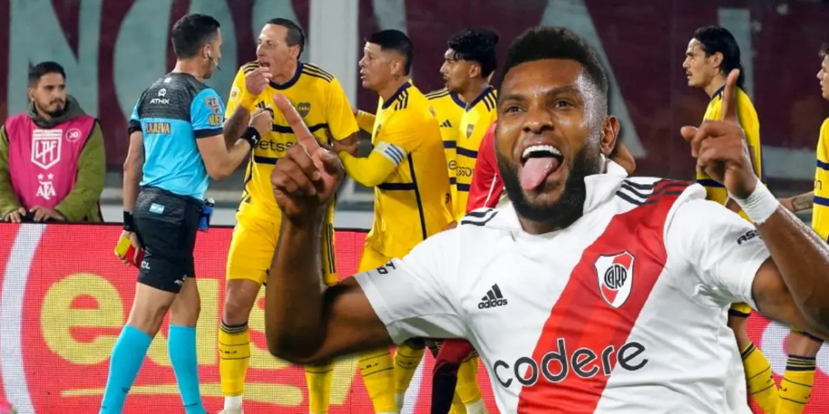 Miguel Borja con la camiseta de River y de fondo el Boca vs Estudiantes.