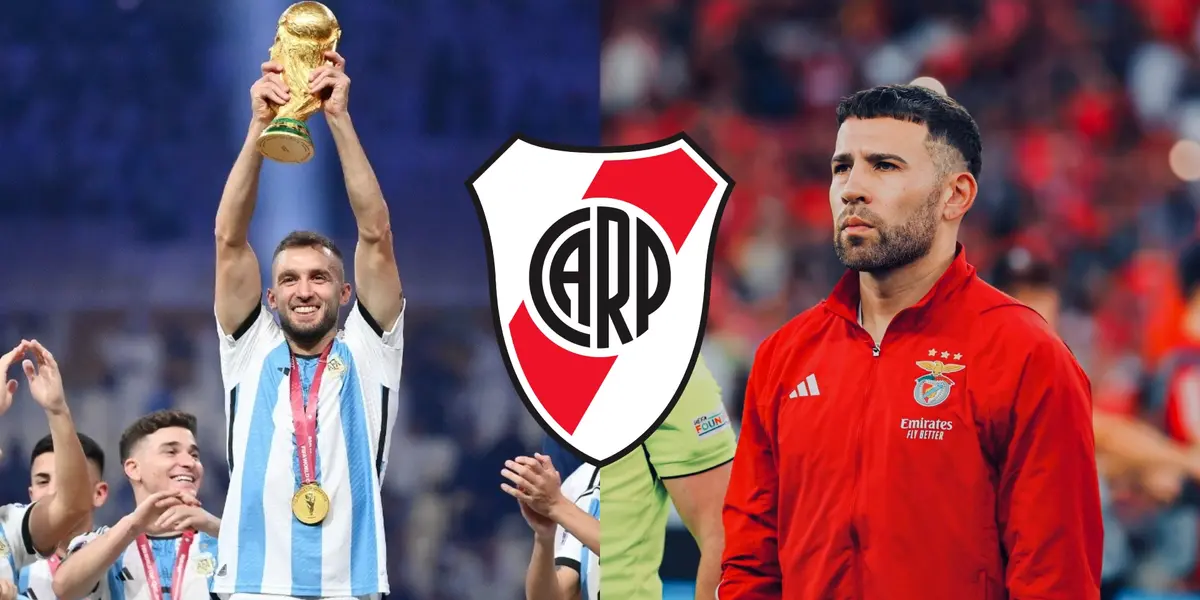 Pezzella con la Copa del Mundo y Otamendi en Benfica