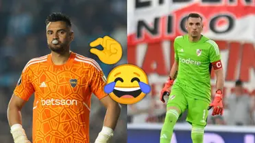 Sergio romero y Franco Armani vistiendo los buzos de Boca Juniors y River Plate, respectivamente.